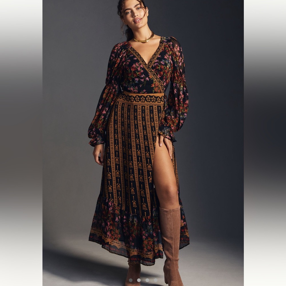 FARM RIO For Anthropologie Side Slit Black & Brown Floral Long Sleeve Maxi Dress